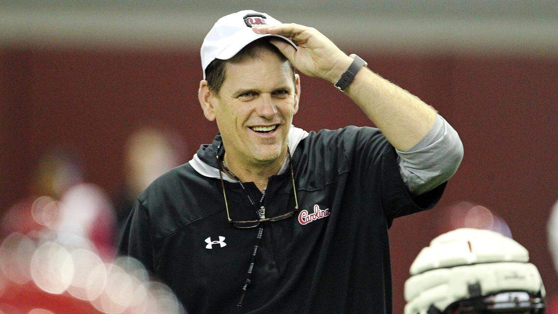 South Carolina offensive coordinator and QBs coach Mike Bobo at the beginning of the 2020 spring practice workouts.