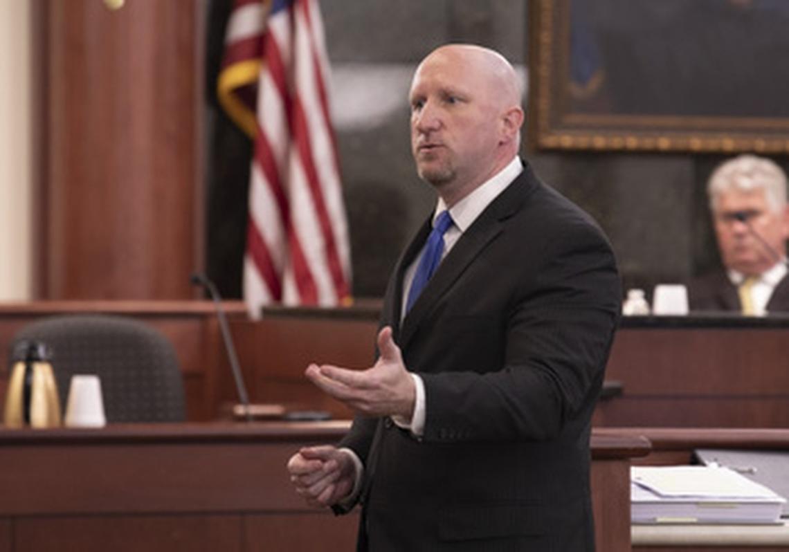 Defense attorney Rob Madsen gives his opening argument on the first day of Tim Jones’ trial in Lexington. 5/14/19