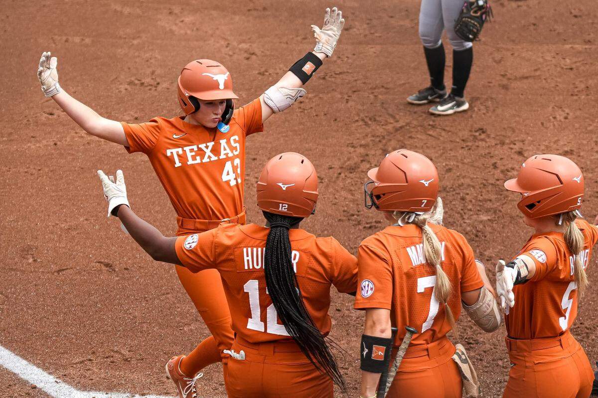 Texas Longhorns infielder Leighann Goode (43) celebrates a home run during the NCAA D1 Softball Tournament Regional against UCF at Red and Charline McCombs Field on Sunday, May 18, 2025 in Austin, Texas.