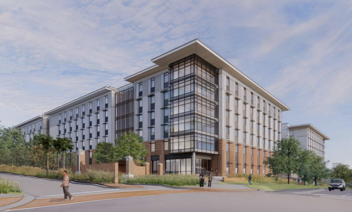 A perspective rendering of the proposed residence hall at the intersection of Sumter and Blossom streets.