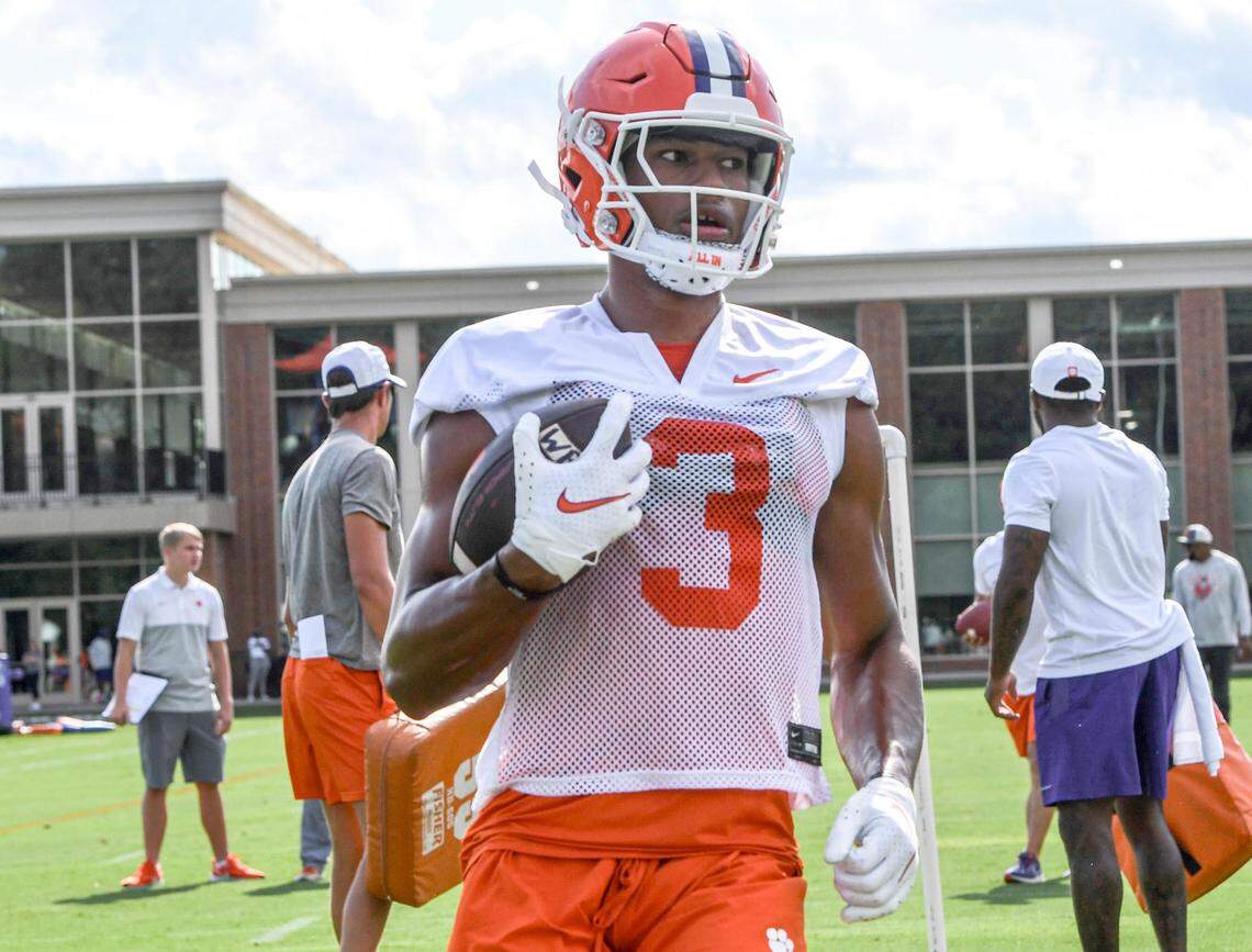 Clemson receiver Noble Johnson (3) in a drill during the first practice at Clemson, S.C. Friday, August 4, 2023.