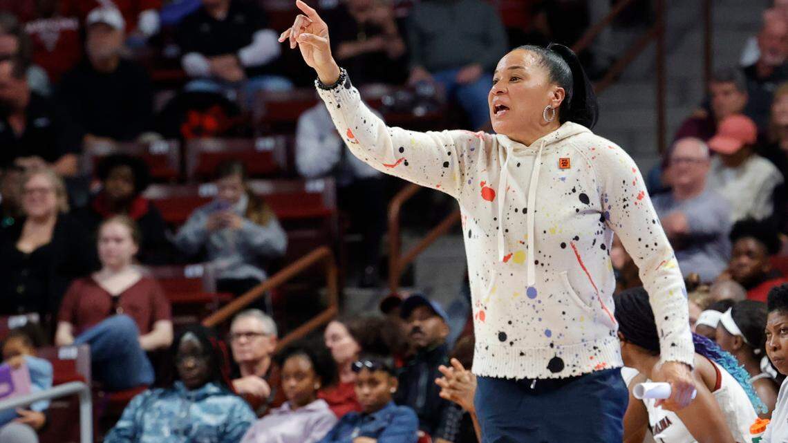 University of South Carolina Head Coach Dawn Staley yells to her team during the first half of action against Liberty in the Colonial Life Arena on Sunday, Dec. 11, 2022.