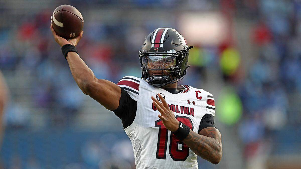 Lanorris Sellers #16 of the South Carolina Gamecocks warms up before the game against the Mississippi Rebels at Vaught-Hemingway Stadium on November 01, 2025 in Oxford, Mississippi.