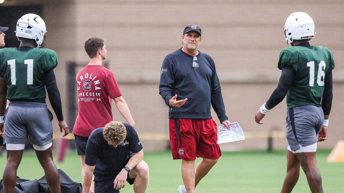 South Carolina offensive coordinator Mike Shula is seen during practice in Columbia on Sunday, August 10, 2025.