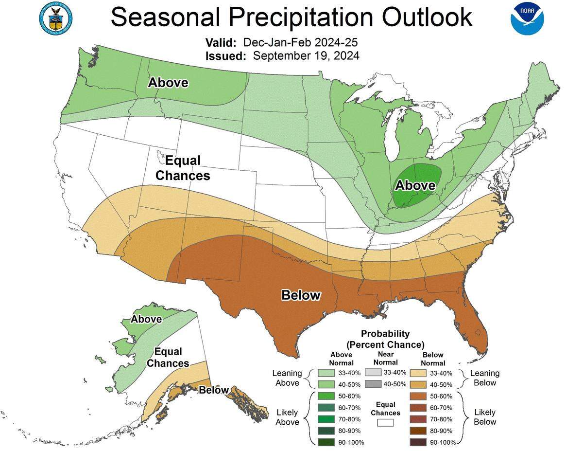 A forecast for rainfall across the U.S. from December through February.