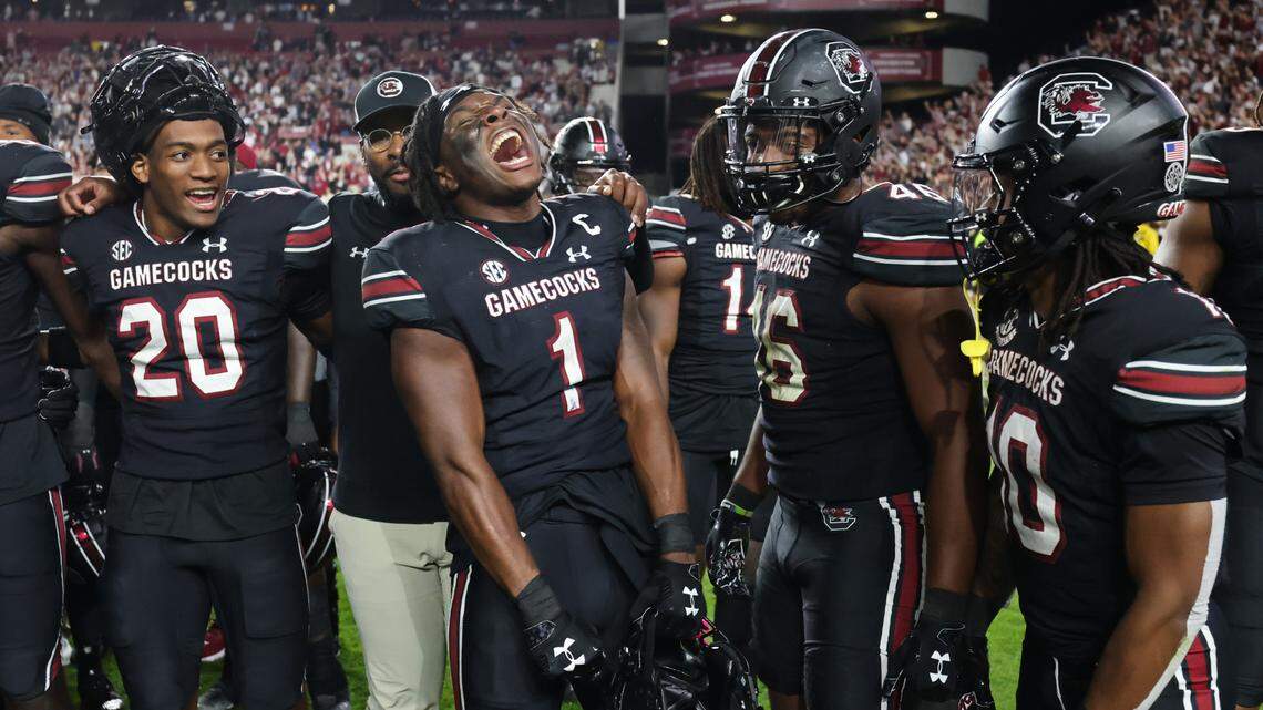 South Carolina defensive back DQ Smith (1) celebrates following the Gamecocks’ game at Williams-Brice Stadium in Columbia on Saturday, November 18, 2023.