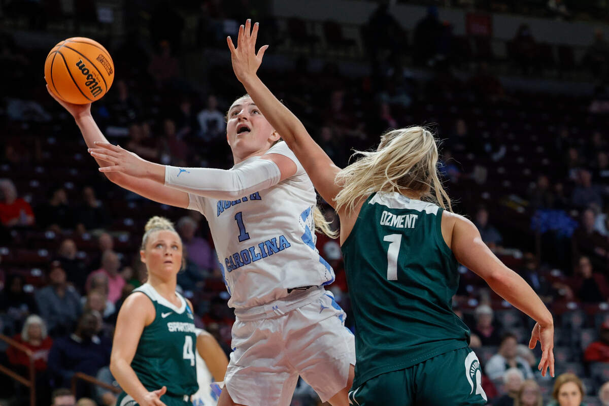 University of North Carolina’s Alexandra Zelaya (1) is pressured by Michigan State’s Tory Ozment (1) during the first half of action in the first round of the NCAA Tournament at the Colonial Life Arena in Columbia, SC, on Friday, Mar. 22, 2024