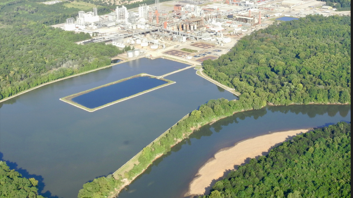 Alpek Polyester plant south of Columbia along the Congaree River. Environmentalists say the plant is releasing a toxic chemical to the river with little regulation. The plant was formerly known as DAK Americas. Photo from November 2024.