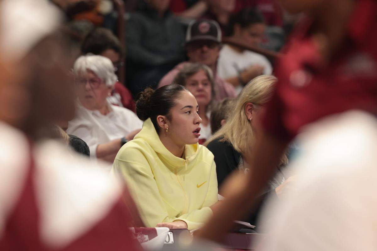 French women’s basketball recruit Alicia Tournebize at a South Carolina WBB game versus Queens at Colonial Life Arena on Nov. 23, 2025.