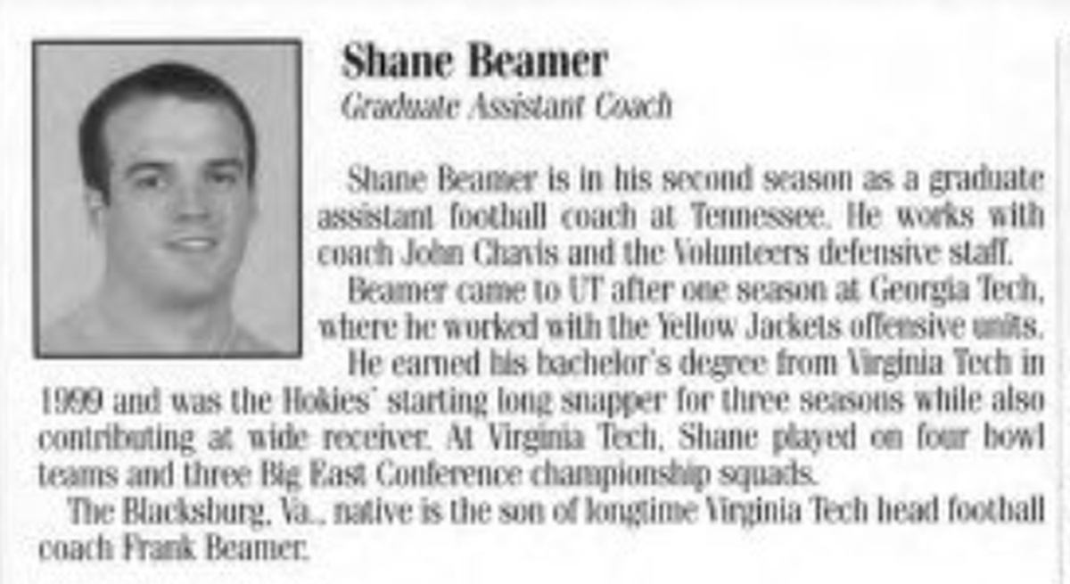 Shane Beamer’s biography in the 2002 Peach Bowl Program. Beamer was in his second year on Phil Fulmer’s staff at Tennessee at the time.