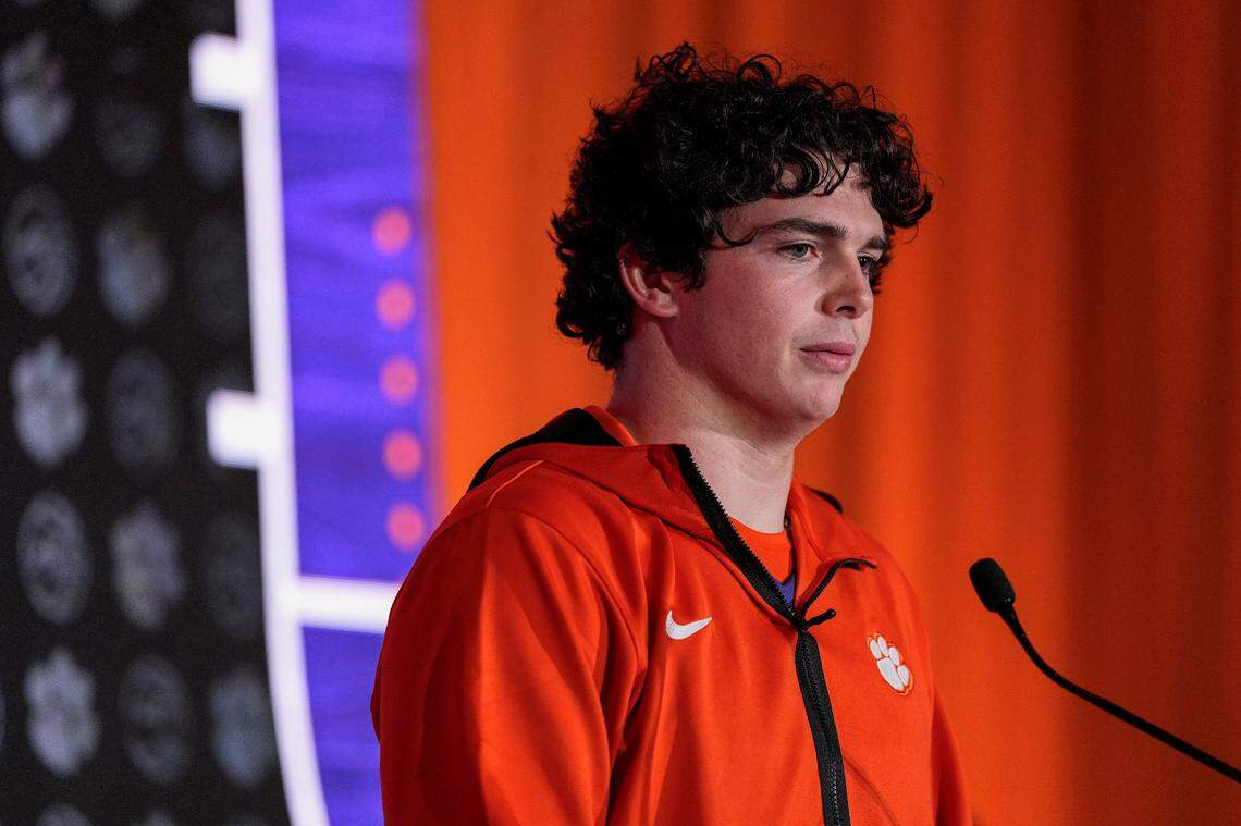 Oct 10, 2024; Charlotte, NC, USA; Clemson player Ian Schieffelin answers questions from the media at The Hilton Charlotte Uptown.
