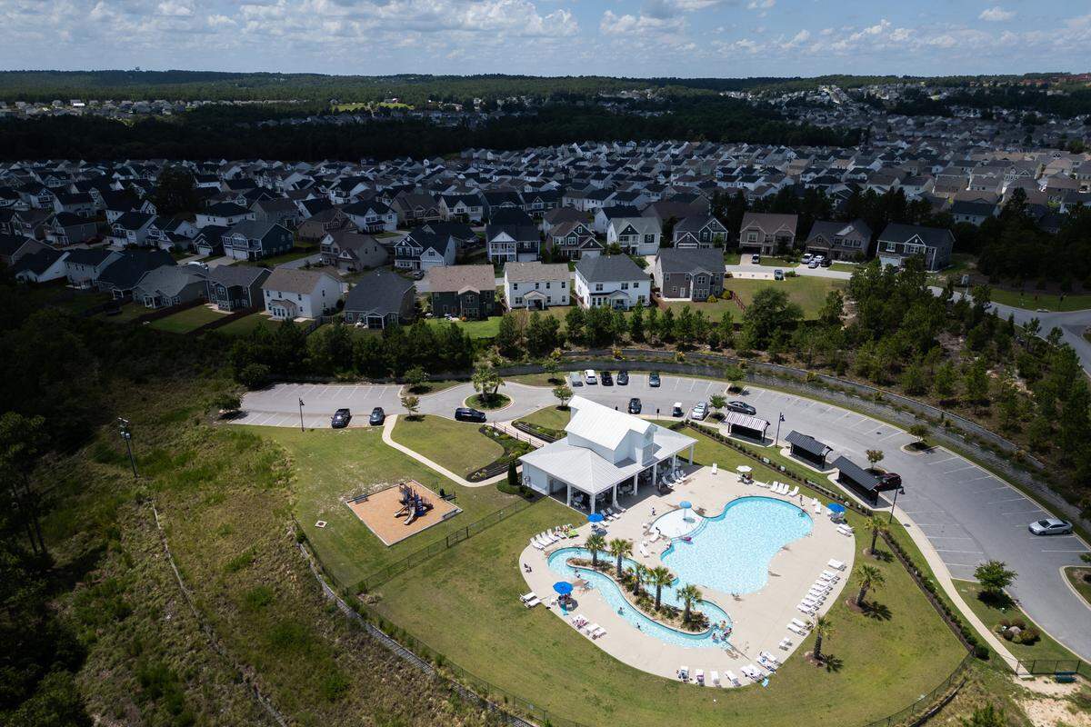 The Bluefield development in Red Bank, a community in Lexington County that is surrounded by woods and near Lexington 1 Schools, from the air on Thursday, July 17, 2025. The complex advertises its community pool, lazy river and proximity to Lexington 1 public schools.
