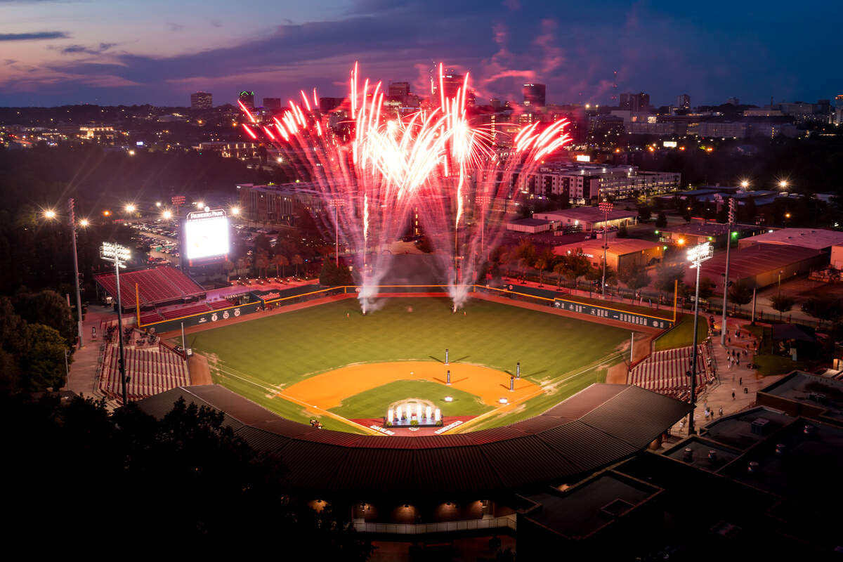 Fireworks during a fan welcome event for new USC baseball coach Kevin Schnall at Founders Park, 6/12/26.