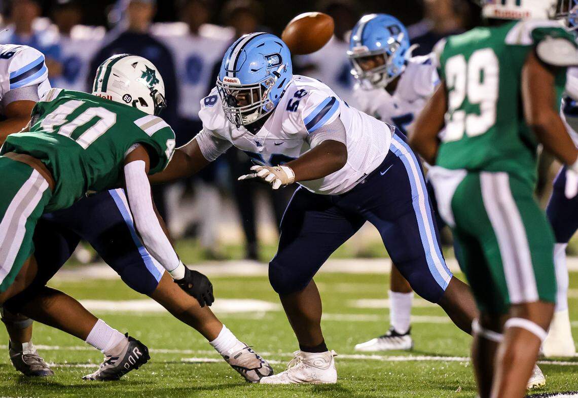 Dorman Cavaliers offensive lineman Markee Anderson (58) against the Dutch Fork Silver Foxes during their game at Dutch Fork High School during round two of the playoffs Friday, Nov. 11, 2022.