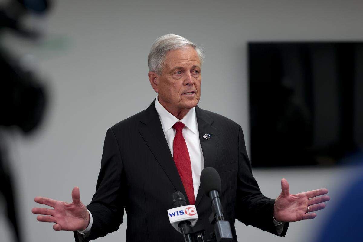 Congressman Ralph Norman speaks with the media after participating in a televised GOP debate at the Sottile Theater in Charleston on Tuesday, April 21, 2026. Norman is running for South Carolina governor.