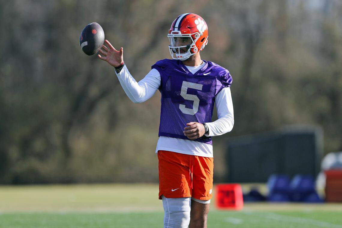 Clemson quarterback DJ Uiagalelei at the Tigers’ Friday spring practice.