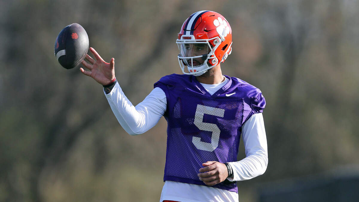 Clemson quarterback DJ Uiagalelei at the Tigers’ Friday spring practice.