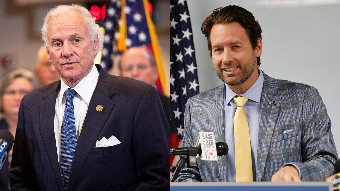 Governor Henry McMaster and Joe Cunningham speak at two different events. This is a composite image.