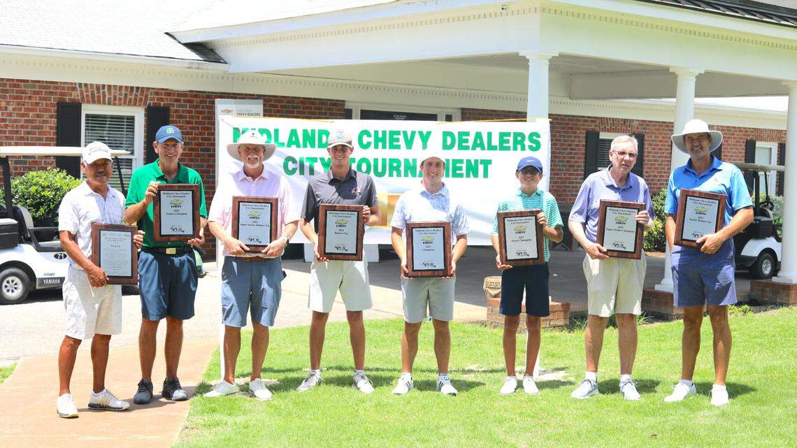 Division winners and runners-up from individual flights of the 2022 Midlands Chevy Dealers Columbia City Championship at The Spur at Northwoods. Amateur champion Patrick Stephenson is fifth from left.