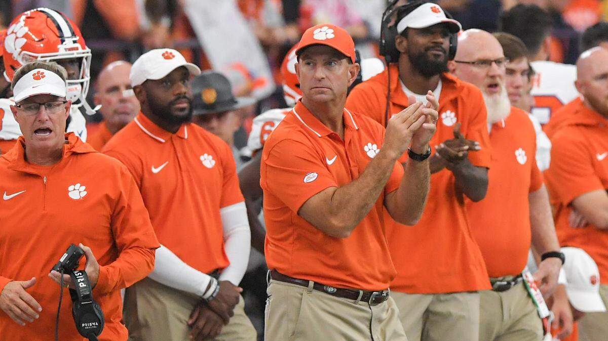 Sep 30, 2023; Syracuse, New York, USA; Clemson head coach Dabo Swinney reacts in the fourth quarter against Syracuse at JMA Wireless Dome. Mandatory Credit: Ken Ruinard-USA TODAY Sports