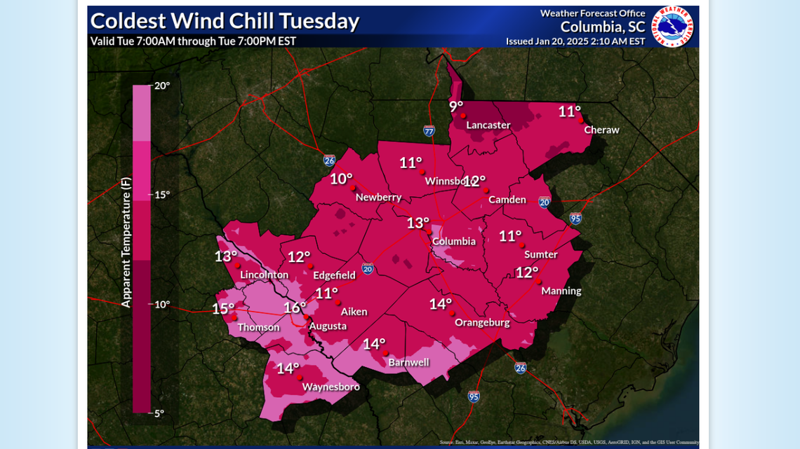 The National Weather Service is predicting temperatures in the teens overnight for much of week beginning Jan. 20, 2025.