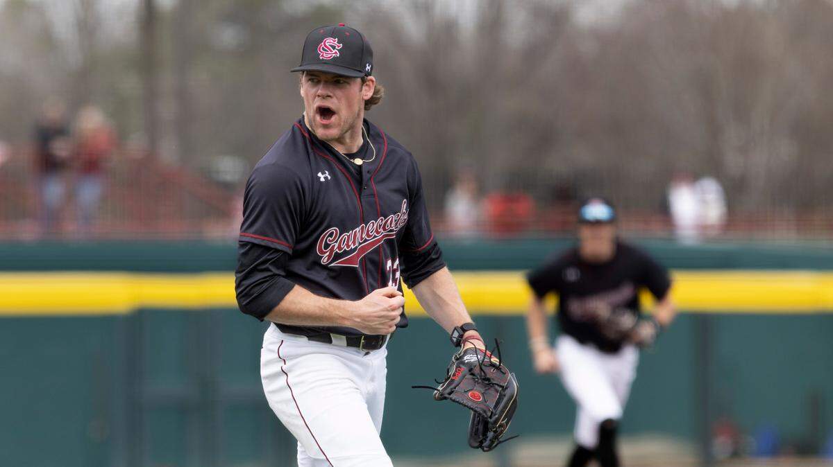 South Carolina pitcher Jack Mahoney (23) reacts to an out during South Carolina’s game against UMass Lowell in Columbia on Sunday, Feb. 19, 2023.