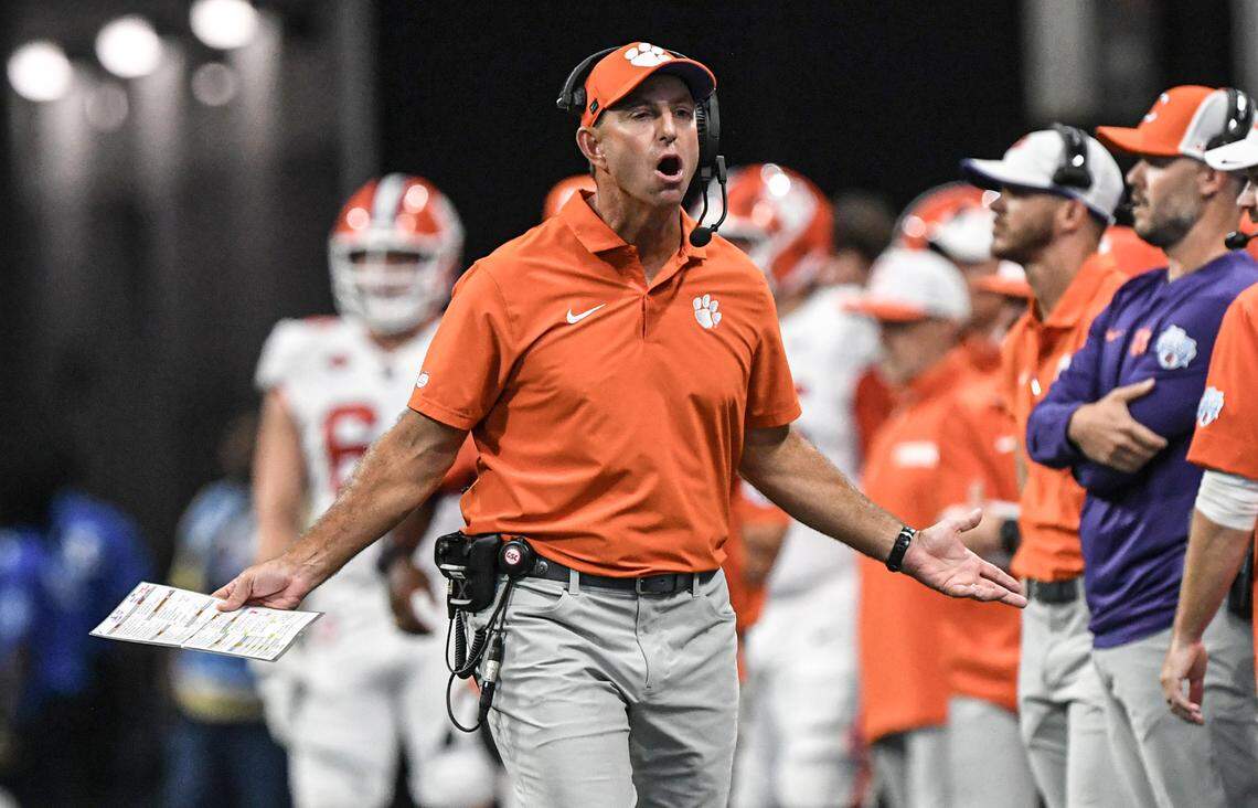 Clemson Tigers head coach Dabo Swinney reacts after a call by an official a during the 2024 Aflac Kickoff Game against the Georgia Bulldogs Bulldogs at Mercedes-Benz Stadium.
