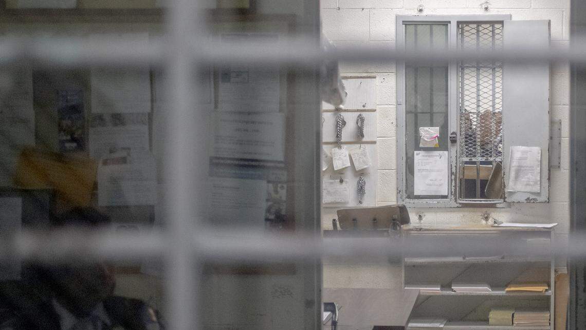 An SCDC correctional officer sits inside a control room at Kirkland Correctional Institution Thursday March 14, 2019, in Columbia, SC.