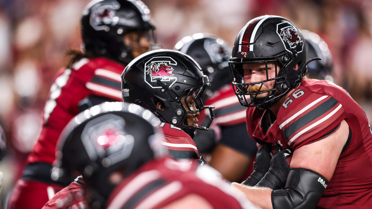 South Carolina offensive linemen Shedrick Sarratt Jr. (72) and Mac Walters (66) warm up before the Gamecocks’ game against South Carolina State at Williams-Brice Stadium in Columbia on Saturday, September 6, 2025.





