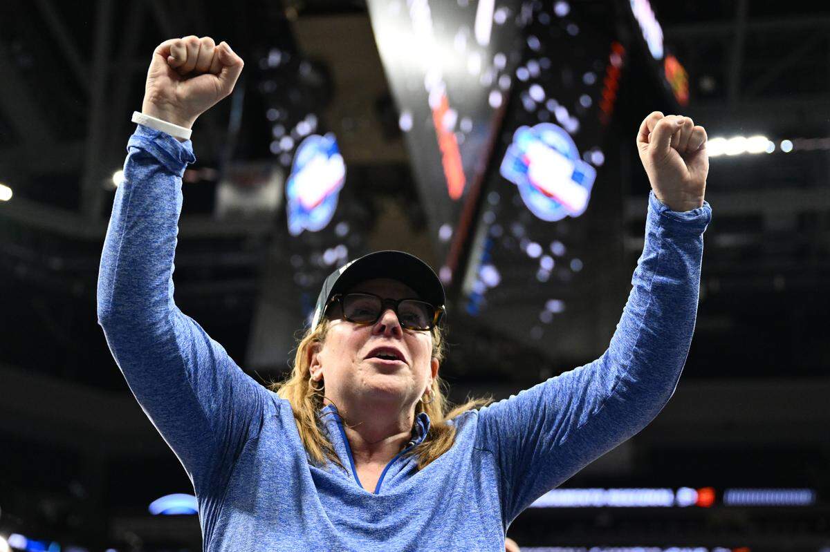 Head coach Cori Close of the UCLA Bruins celebrates after defeating the Duke Blue Devils 70-58 in the Elite Eight of the 2026 NCAA Women's Basketball Tournament at Golden 1 Center on March 29, 2026 in Sacramento, California.