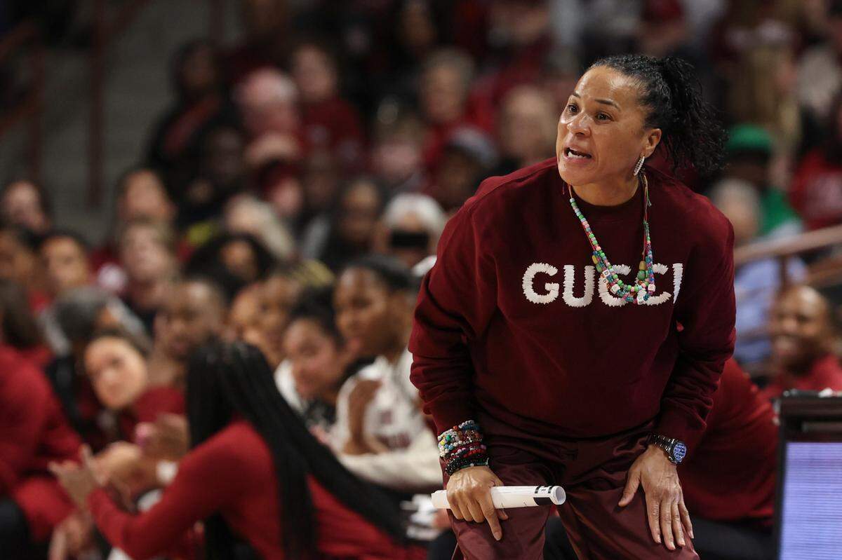 University of South Carolina Head Coach Dawn Staley gestures to her team during the first half of action against LSU in the Colonial Life Arena on Friday, Jan. 24, 2025.