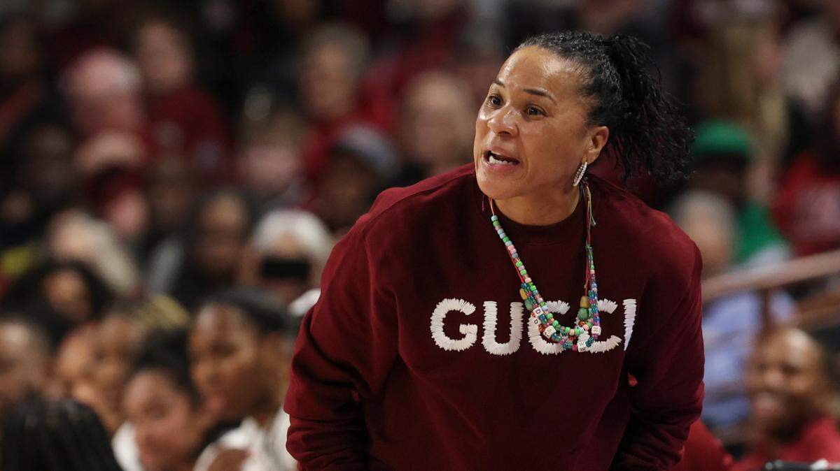 University of South Carolina coach Dawn Staley gestures to her team during the first half of action against LSU in the Colonial Life Arena on Friday, Jan. 24, 2025.