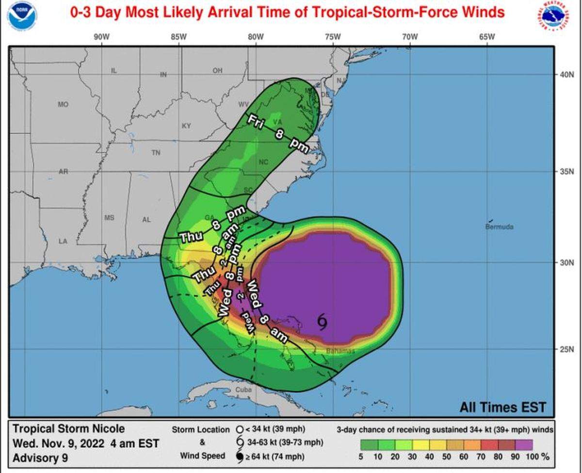 The forecast for Tropical Storm Nicole.