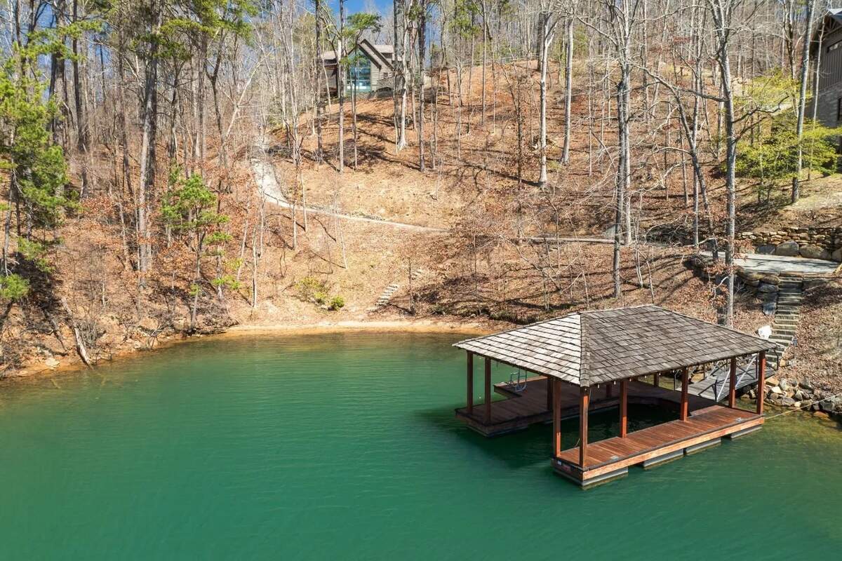 The home’s covered dock by the lake.