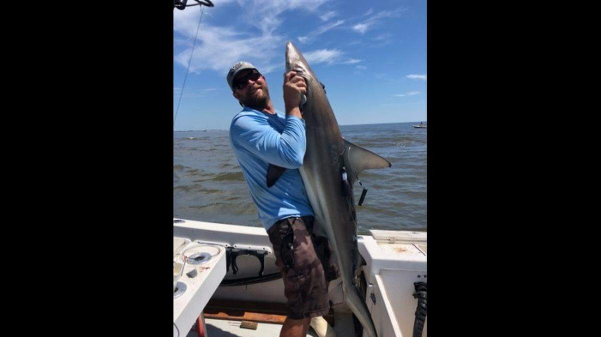 South Carolina Department of natural Resources scientist Bryan Frazier holds up a blacktip shark after tagging it.