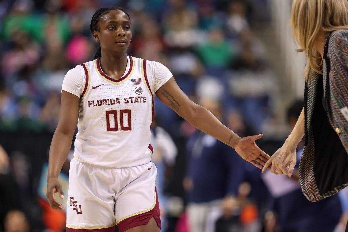 Mar 7, 2025; Greensboro, NC, USA; Florida State Seminoles guard Ta’Niya Latson (00) comes off the court during the fourth quarter against North Carolina Tar Heels at First Horizon Coliseum.