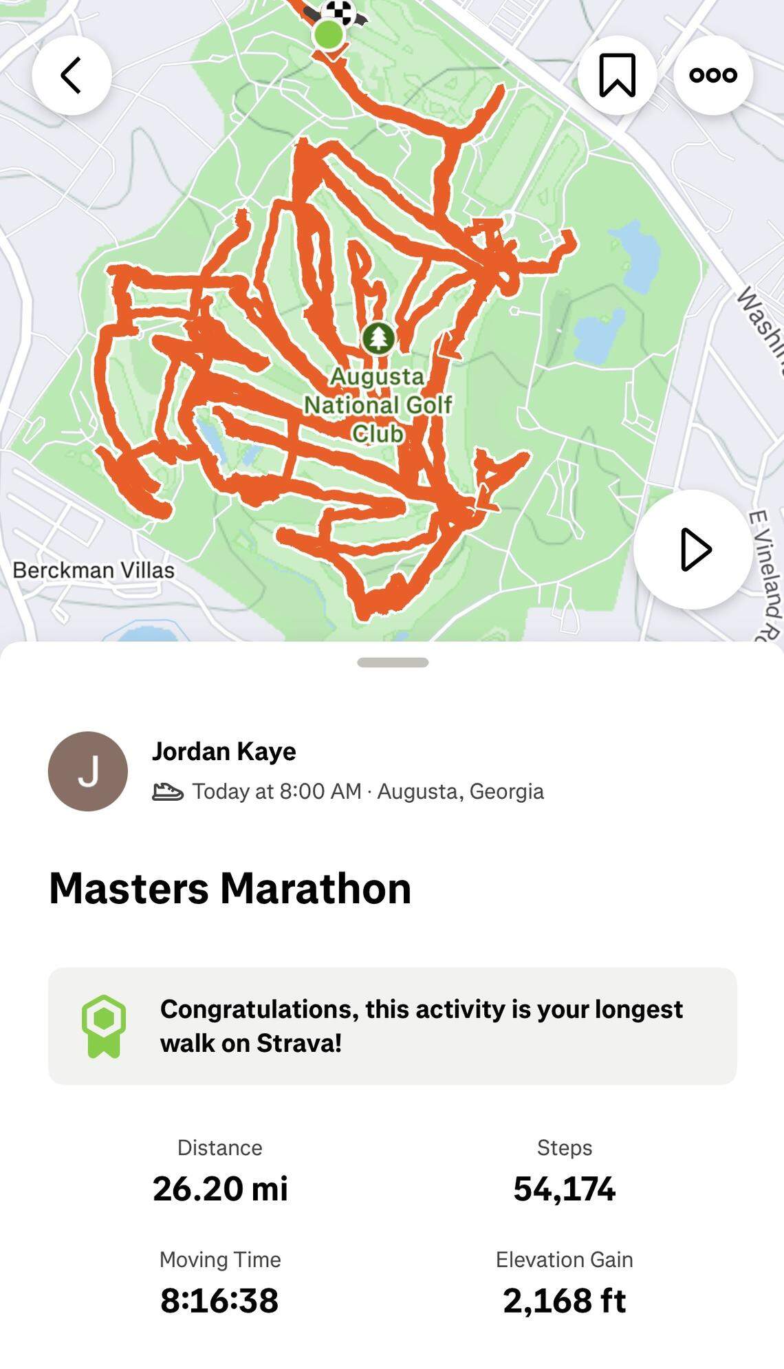Jordan Kaye’s stats from his Masters Marathon on Tuesday.