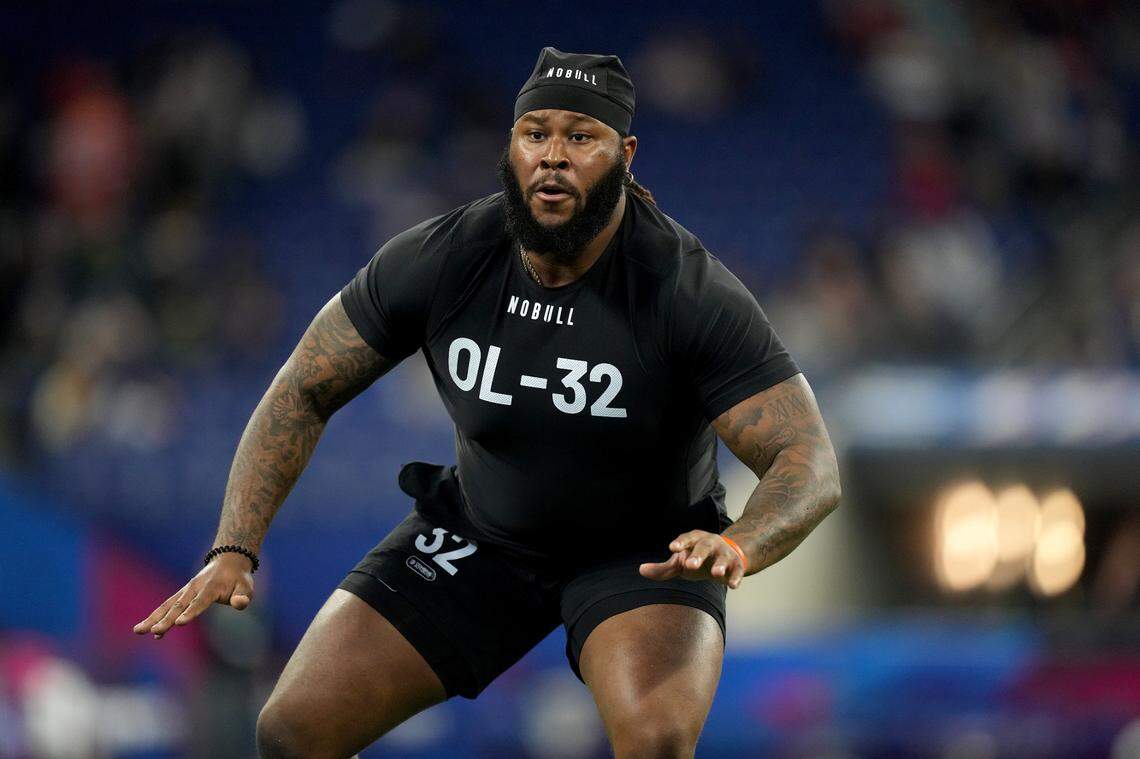 Mar 5, 2023; Indianapolis, IN, USA; Clemson offensive lineman Jordan Mcfadden (OL32) during the NFL Scouting Combine at Lucas Oil Stadium. Mandatory Credit: Kirby Lee-USA TODAY Sports
