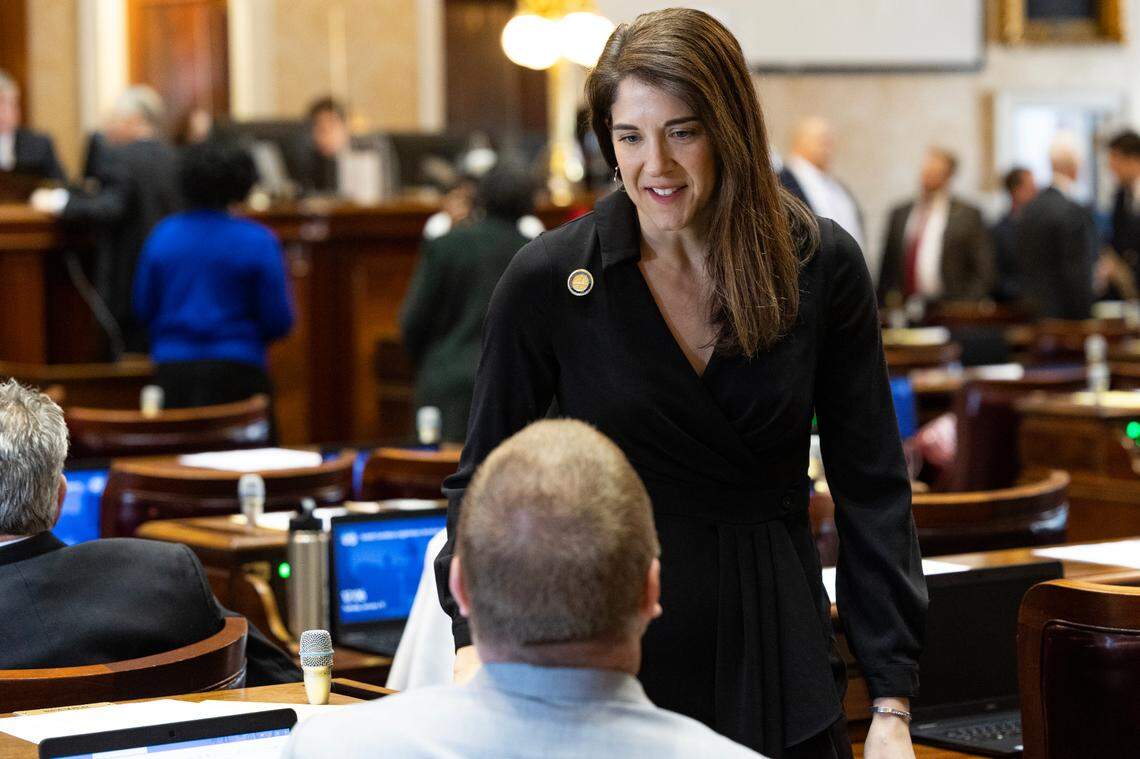 State Representative Heather Bauer, D-Richland, speaks with other lawmakers before the state of the legislative session in the South Carolina House on Tuesday, January 10, 2023.