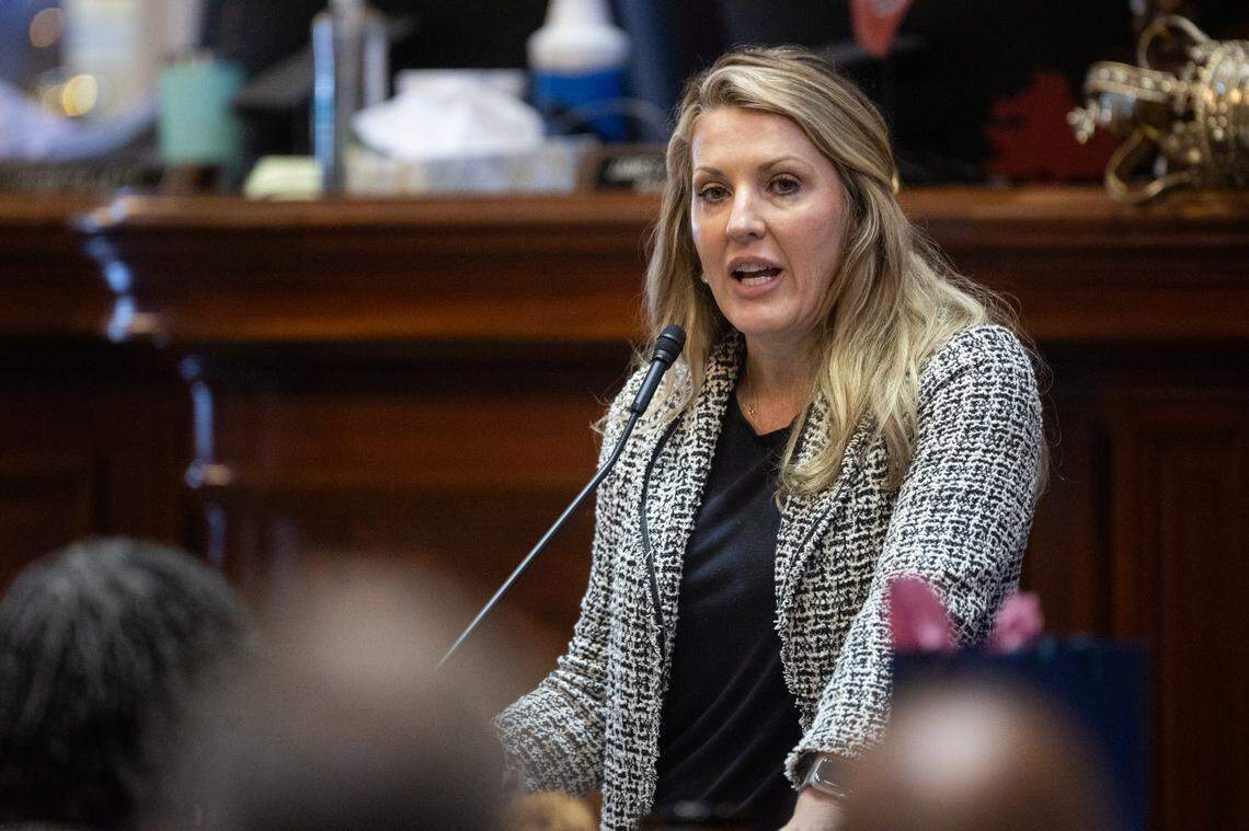 South Carolina State Representative April Cromer, R-Anderson, speaks in defense of an amendment to the state budget on Tuesday, March 11, 2025.