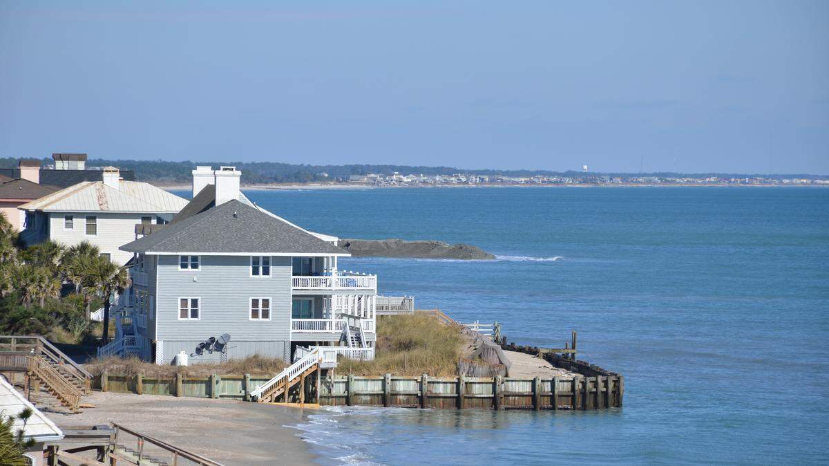 This sagging seawall at Debordieu, an upscale beach in Georgetown County, is part of a long-running concern by property owners worried that the ocean will flood their houses. Since this photo was taken, part of the seawall has been bolstered with giant sandbags, which has sparked a legal dispute with environmentalists.