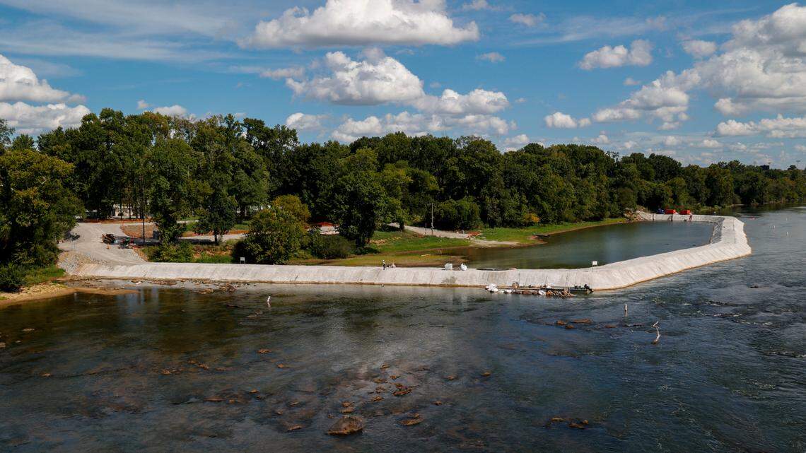 This temporary coffer dam was used to help with the cleanup of coal tar from the Congaree River. The dam, which dried up part of the river so workers could remove the tar, was taken down and the cleanup pronounced complete in 2023.