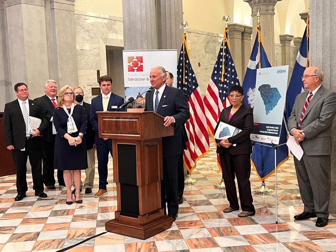 Gov. Henry McMaster spoke at the State House press conference on the allocation of the national opioid settlement funds.