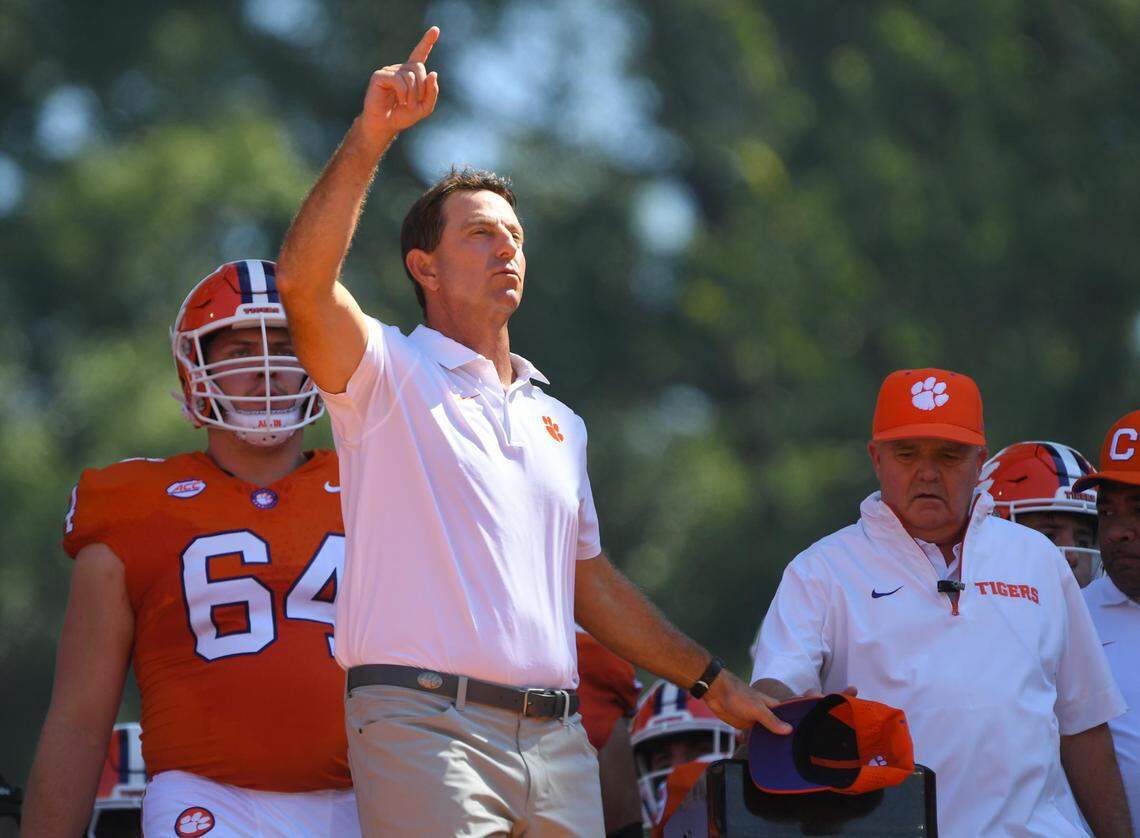 Sep 21, 2024; Clemson, South Carolina, USA; Clemson Tigers head coach Dabo Swinney at Howard’s Rock before kickoff against the North Carolina State Wolfpack at Memorial Stadium.