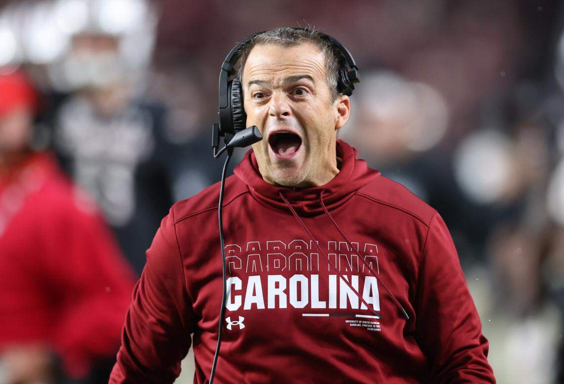South Carolina head coach Shane Beamer voices his frustration with an official during the Gamecocks’ game against Missouri at Williams-Brice Stadium in Columbia on Saturday, November 16, 2024.
