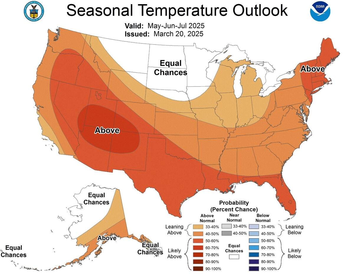 A map showing temperature forecasts for the U.S. from May through July.