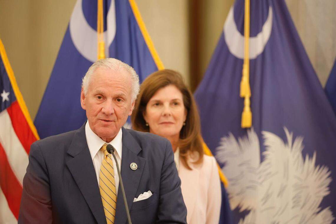 South Carolina Gov. Henry McMaster, joined by Lt. Gov. Pamela Evette, discusses his 2025-26 executive budget proposal, which includes accelerating the state income tax cut to 6%, on Monday, Jan. 13, 2025 at the State House.