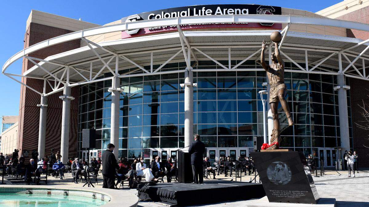 The statue for South Carolina basketball great A’ja Wilson was publicly unveiled Monday in a ceremony outside of Colonial Life Arena.