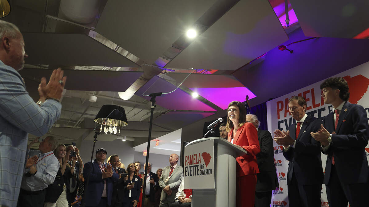 Pamela Evette addresses supporters on Tuesday, June 9, 2026 during a watch party at the United Community Bank building in Greenville.