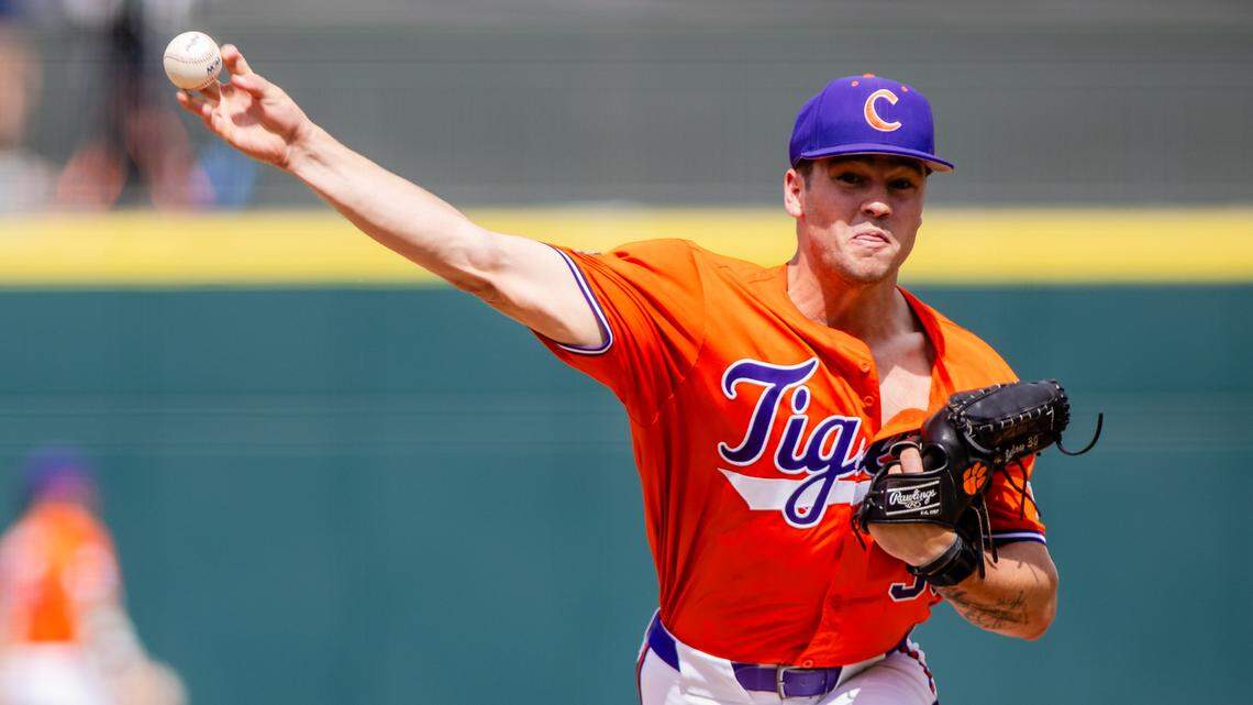 May 24, 2024; Charlotte, NC, USA; Clemson Tigers pitcher Billy Barlow (30) pitches in the second inning against the Louisville Cardinals during the ACC Baseball Tournament at Truist Field.